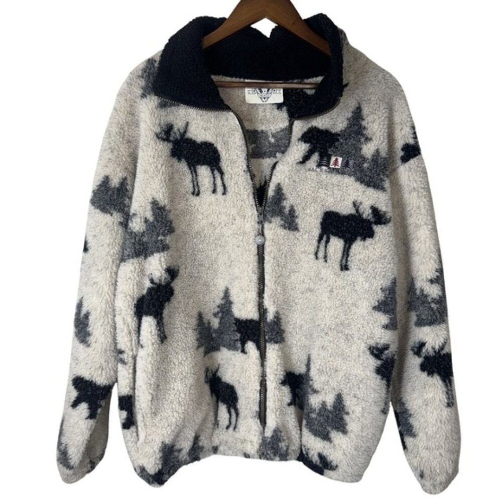 Arctic Image Jacket Mens Large White Black Moose Fleece Sherpa Full Zip Made USA